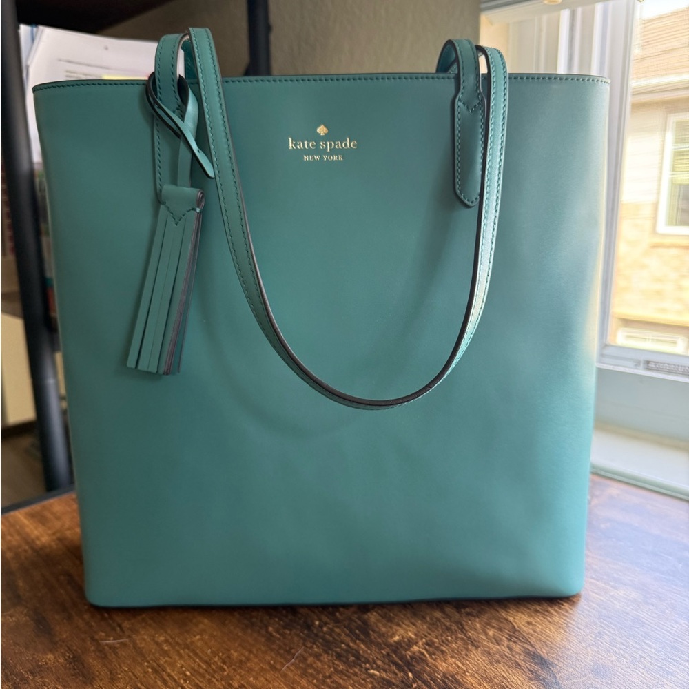 kate spade teal leather tote with tassel charm
